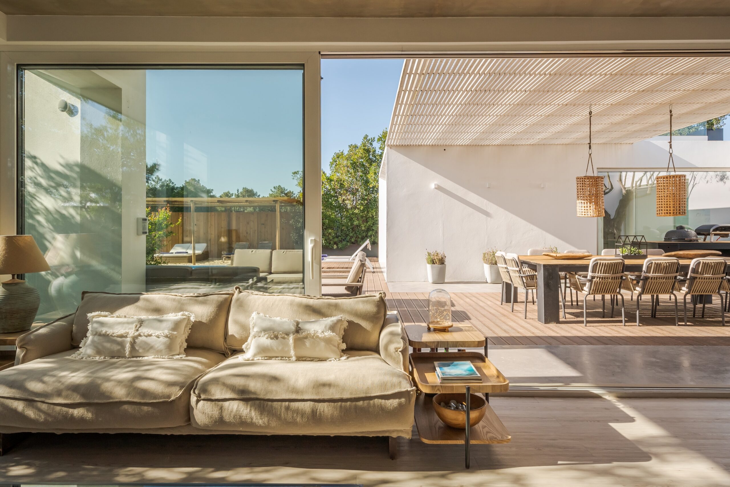 modern villa with pool and deck, interior and exterior